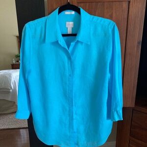 Chico's No-Iron Linen Turquoise Blouse